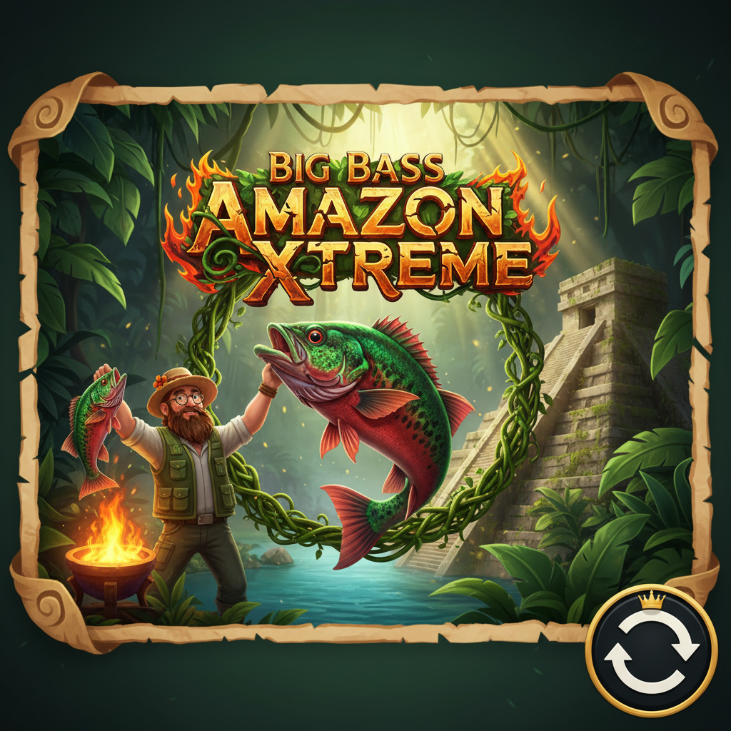 Big Bass Amazon Xtreme slot showing bearded fisherman holding massive red-green peacock bass in lush Amazon jungle with golden sunlight and ancient temple ruins