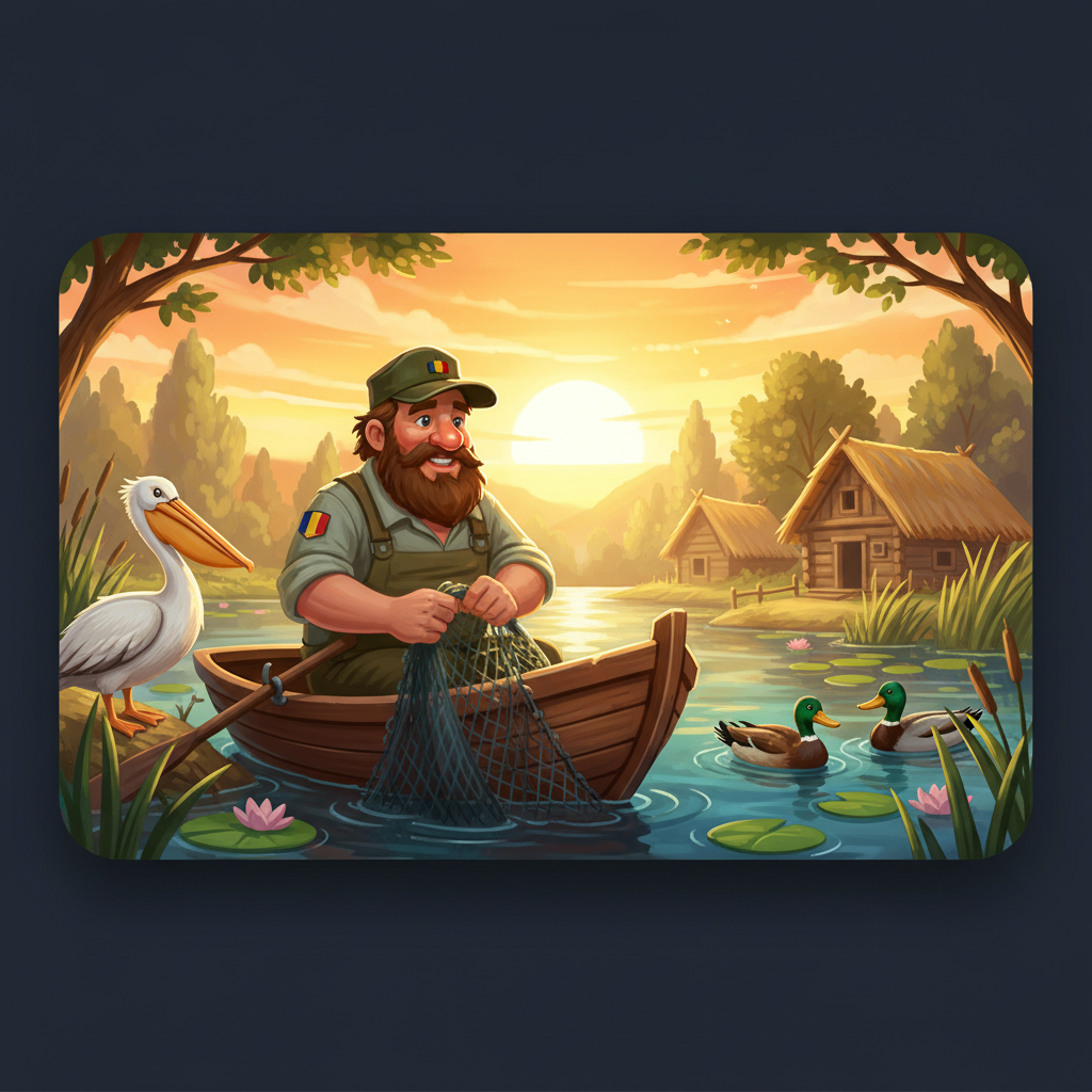 Big Bass Baboiu' din Delta slot game featuring Romanian fisherman in wooden boat with fishing net on Danube Delta waters, pelican and ducks, sunset golden hour scene with traditional thatched huts