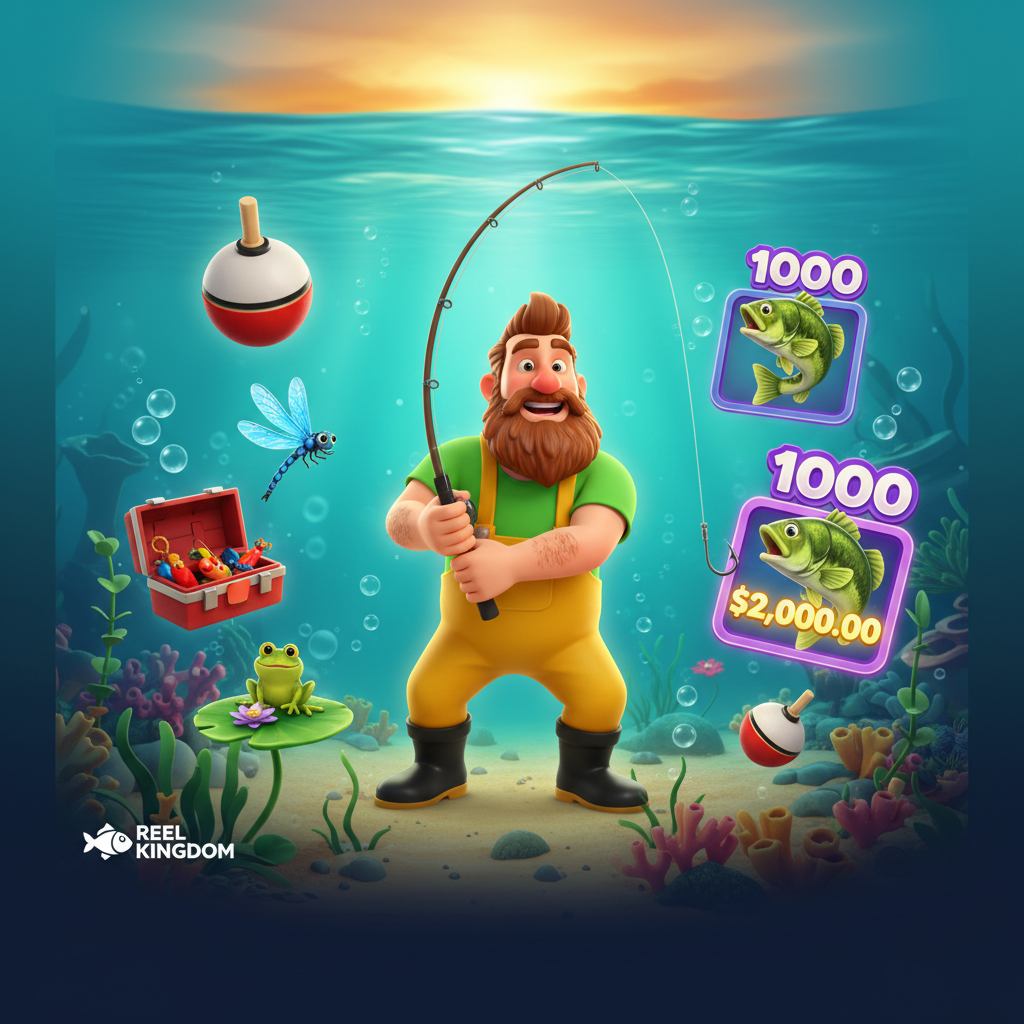 Big Bass Bonanza 1000 slot featuring cheerful fisherman character in yellow overalls, underwater turquoise scene with fishing bobber, dragonfly, tackle box and bass scatter symbols
