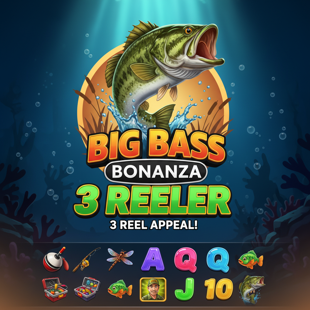 Big Bass Bonanza 3 Reeler slot featuring jumping largemouth bass fish, underwater ocean scene with turquoise light rays, fishing symbols including tackle box, dragonfly, and money fish symbols