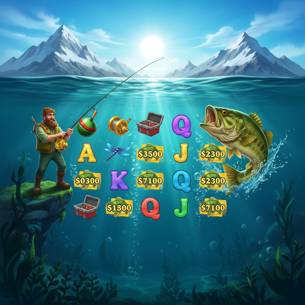 Big Bass Bonanza slot with fisherman holding golden reel, leaping bass fish, underwater scene with sunlight rays and aquatic vegetation, scatter and wild symbols visible on reels