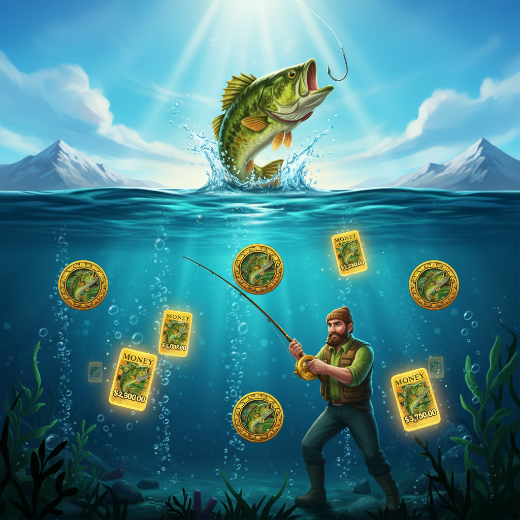 Big Bass Bonanza slot featuring fisherman with golden fishing rod catching large green bass fish underwater with scatter symbols and money cards