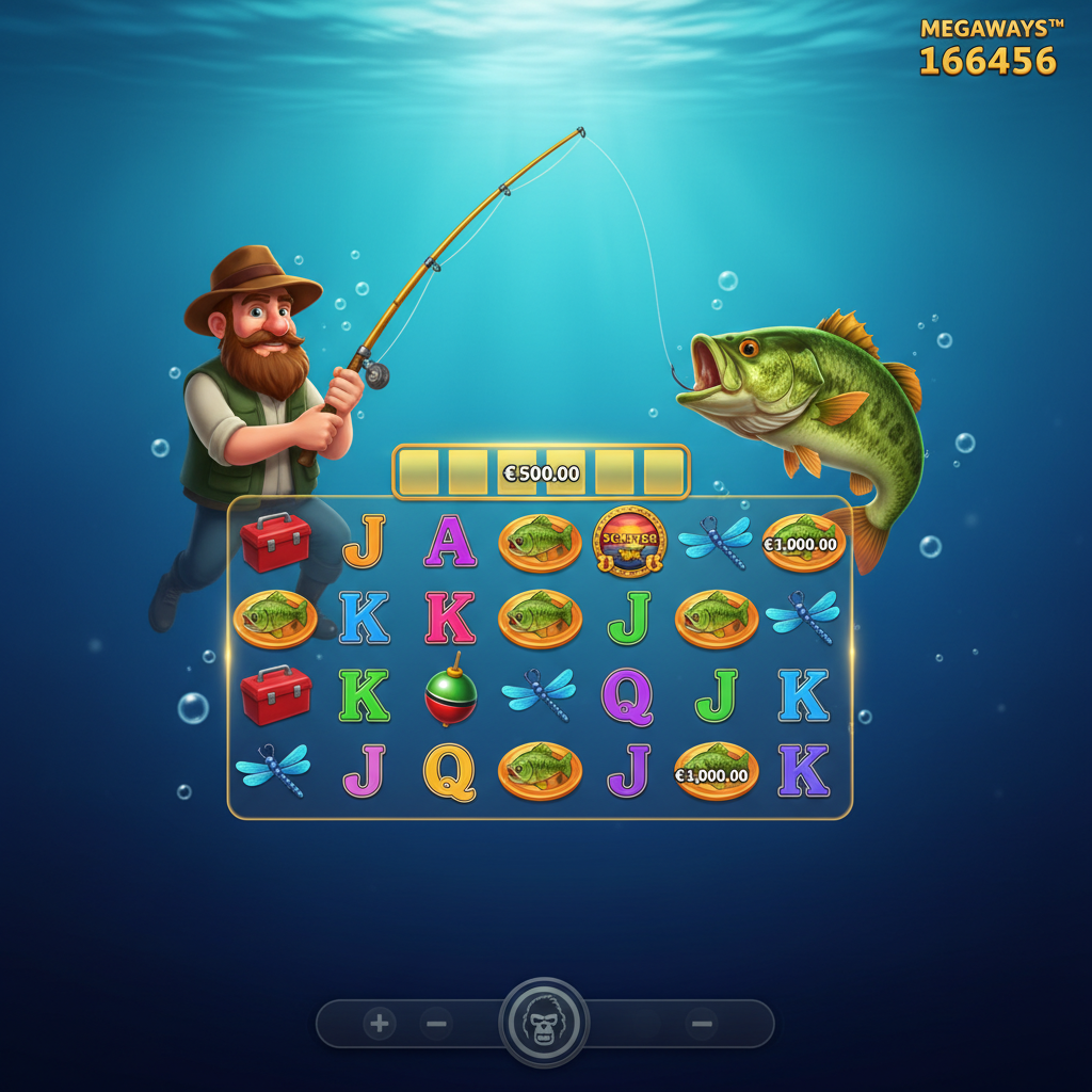 Big Bass Bonanza Megaways slot showing underwater fishing theme with 6 reels, green bass fish leaping, bearded fisherman character holding golden rod, and money symbols with euro values