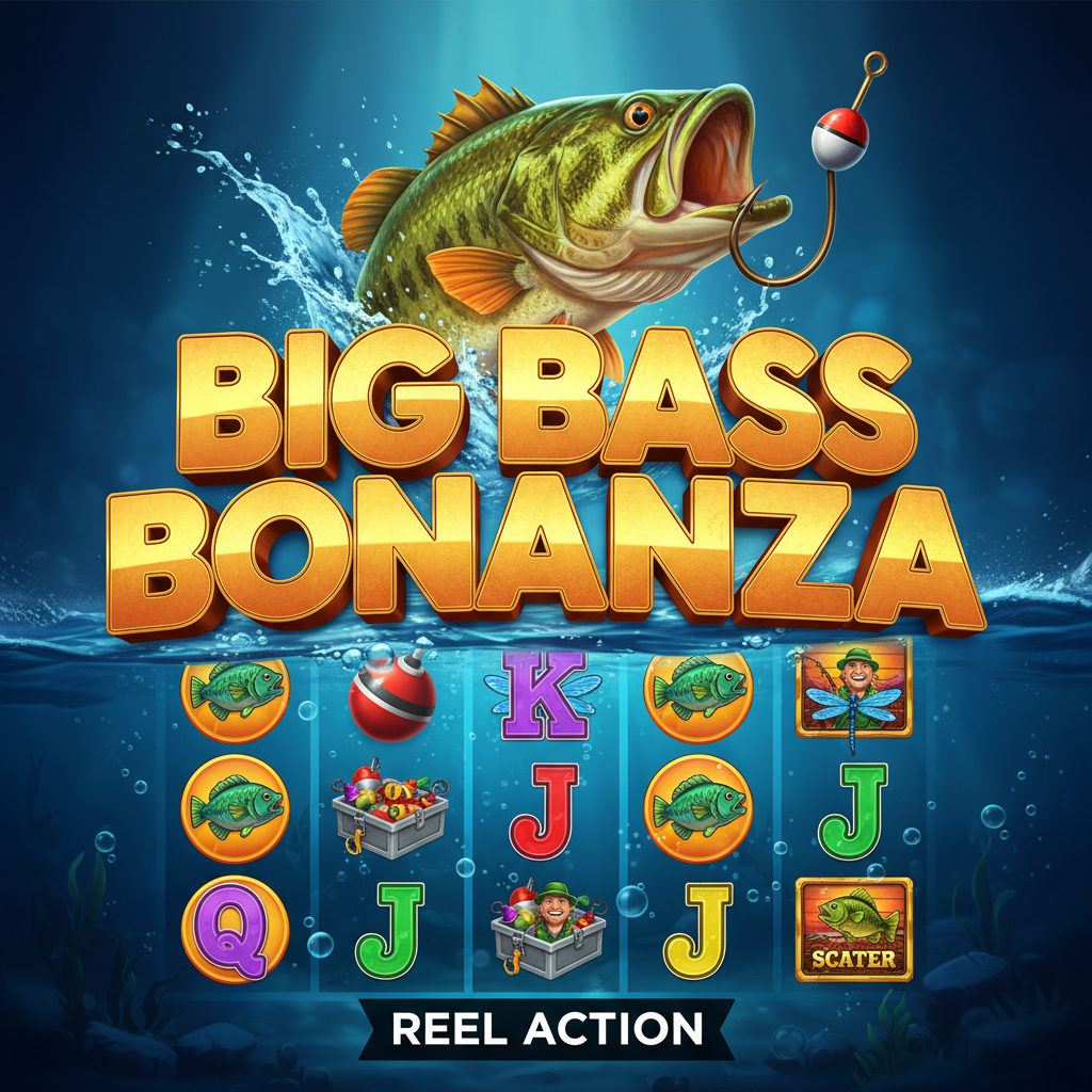 Big Bass Bonanza Reel Action slot game showing largemouth bass leaping from water with fishing hook, underwater reels, and fisherman wild symbols on teal blue background