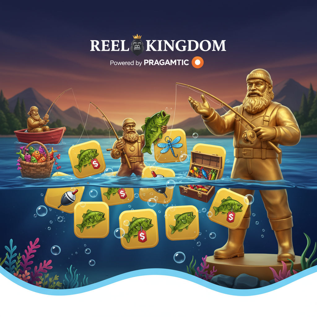 Big Bass Bonanza Keeping it Reel slot featuring golden fisherman statue, underwater lake theme with bass fish, scattered reels and 10,000x max win