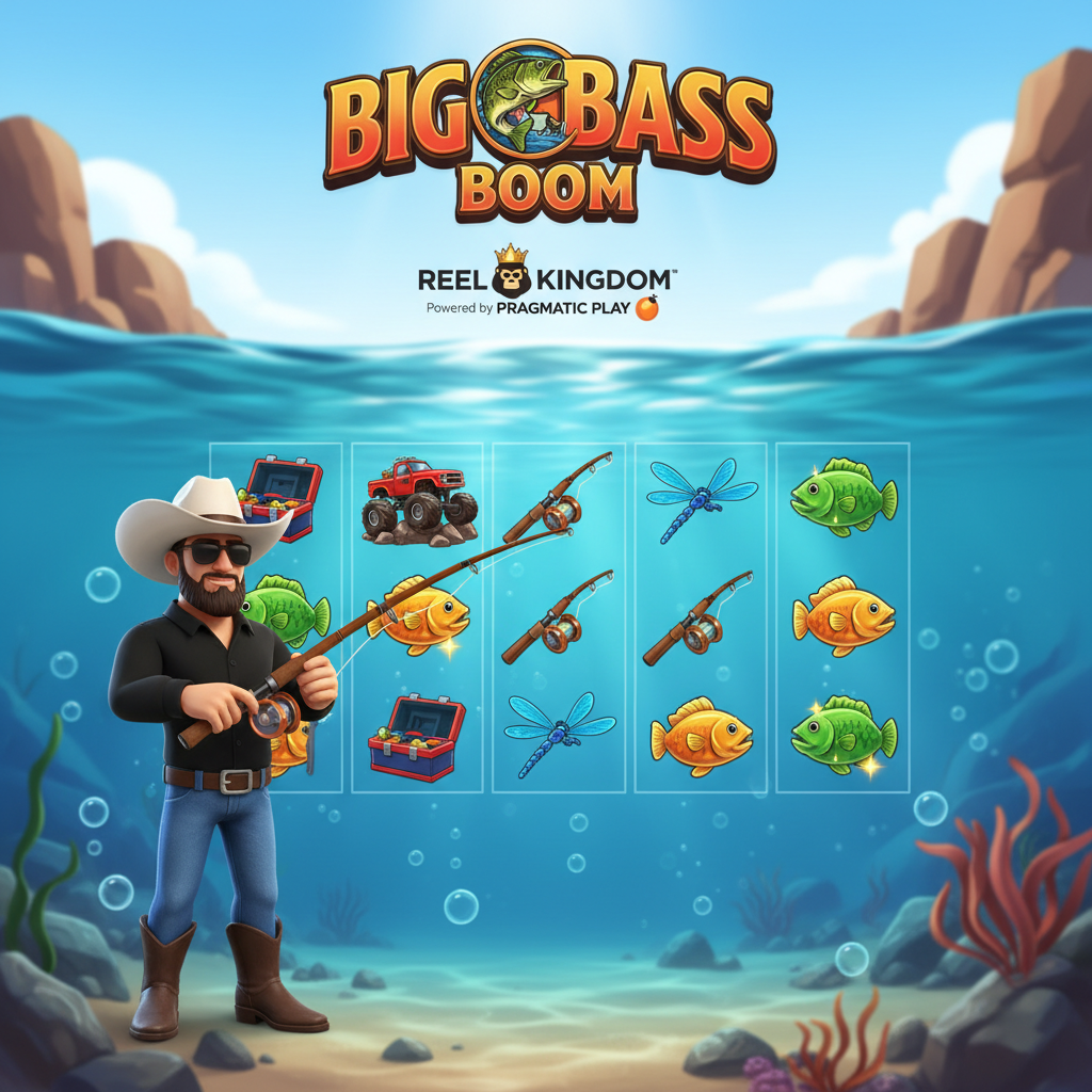 Big Bass Boom slot featuring fisherman character with cowboy hat and sunglasses, underwater scene with bass fish symbols, tackle box, dragonfly and monster truck symbols on 5x3 reel grid