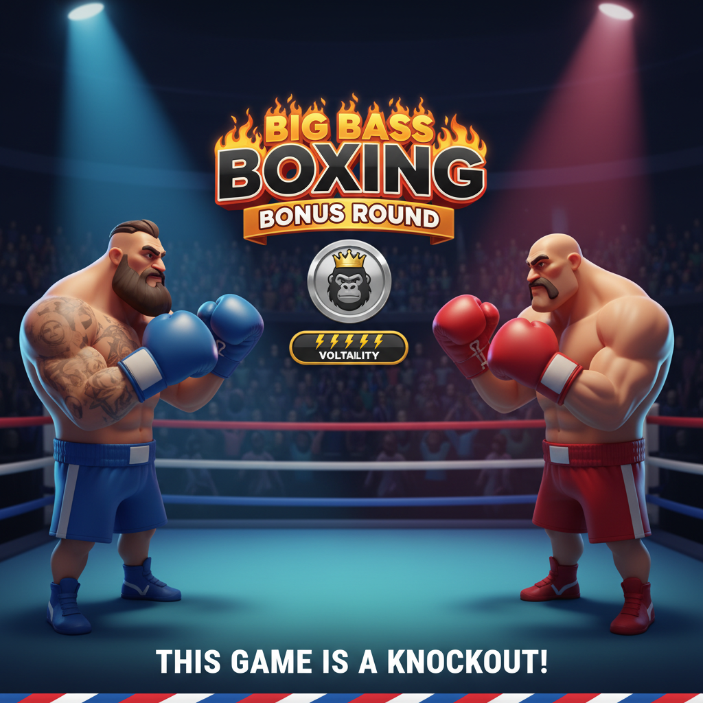 Big Bass Boxing Bonus Round slot game showing two muscular boxers in red and blue gear facing each other in a boxing ring arena with spotlights, money fish symbols, and boxing glove reels