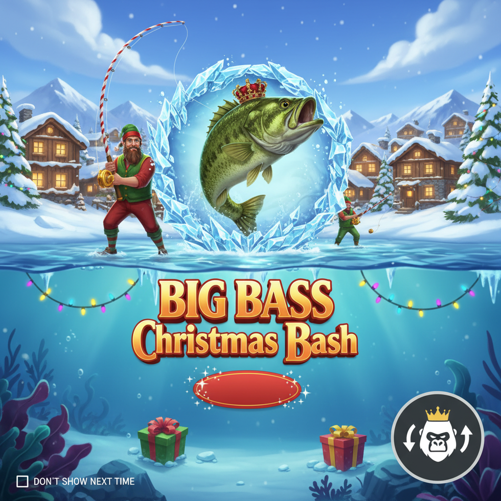 Big Bass Christmas Bash slot game featuring a crowned bass fish leaping through ice crystals, flanked by festive fisherman characters in a snowy mountain village with frozen lake and Christmas decorations