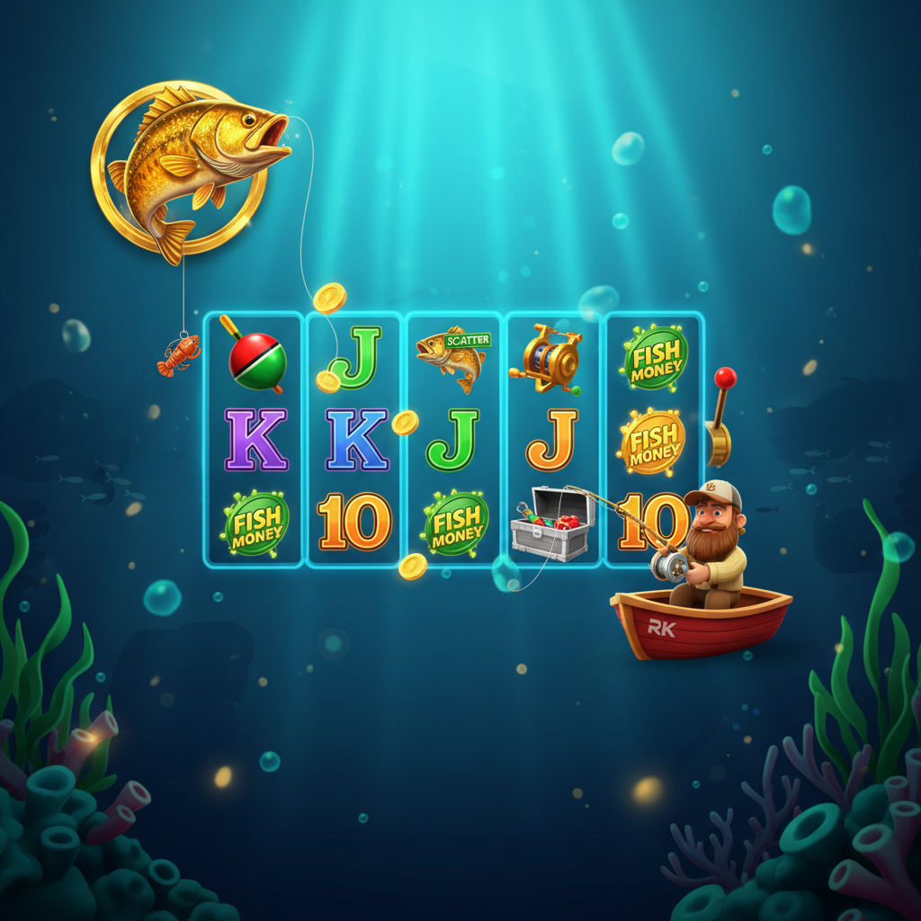 Big Bass Hold & Spinner slot featuring bearded fisherman character, golden leaping bass fish, underwater fishing theme with 5x3 reel grid, money symbols and scatter fish on turquoise water background