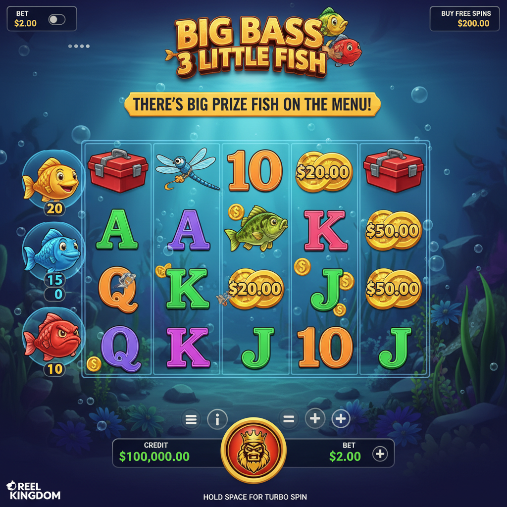 Big Bass 3 Little Fish Jackpot Bonanza slot showing colorful fish characters, fisherman wild symbol, underwater reels with money symbols and free spins feature indicators