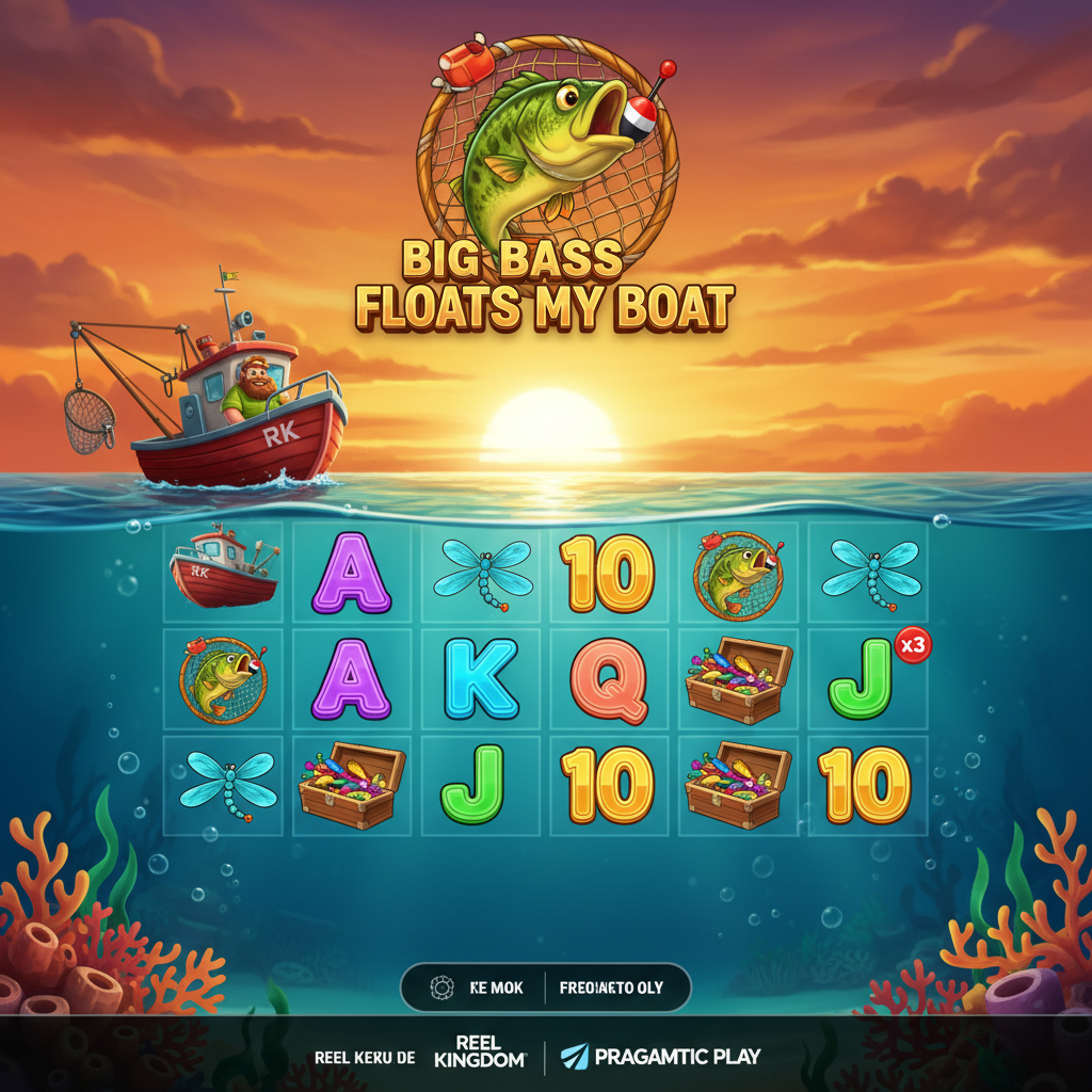 Big Bass Floats My Boat slot featuring cartoon bass fish jumping with red bobber, fishing boat with bearded fisherman, underwater scene with sunset sky, 5x4 reel grid with tackle box dragonfly and bubble card symbols