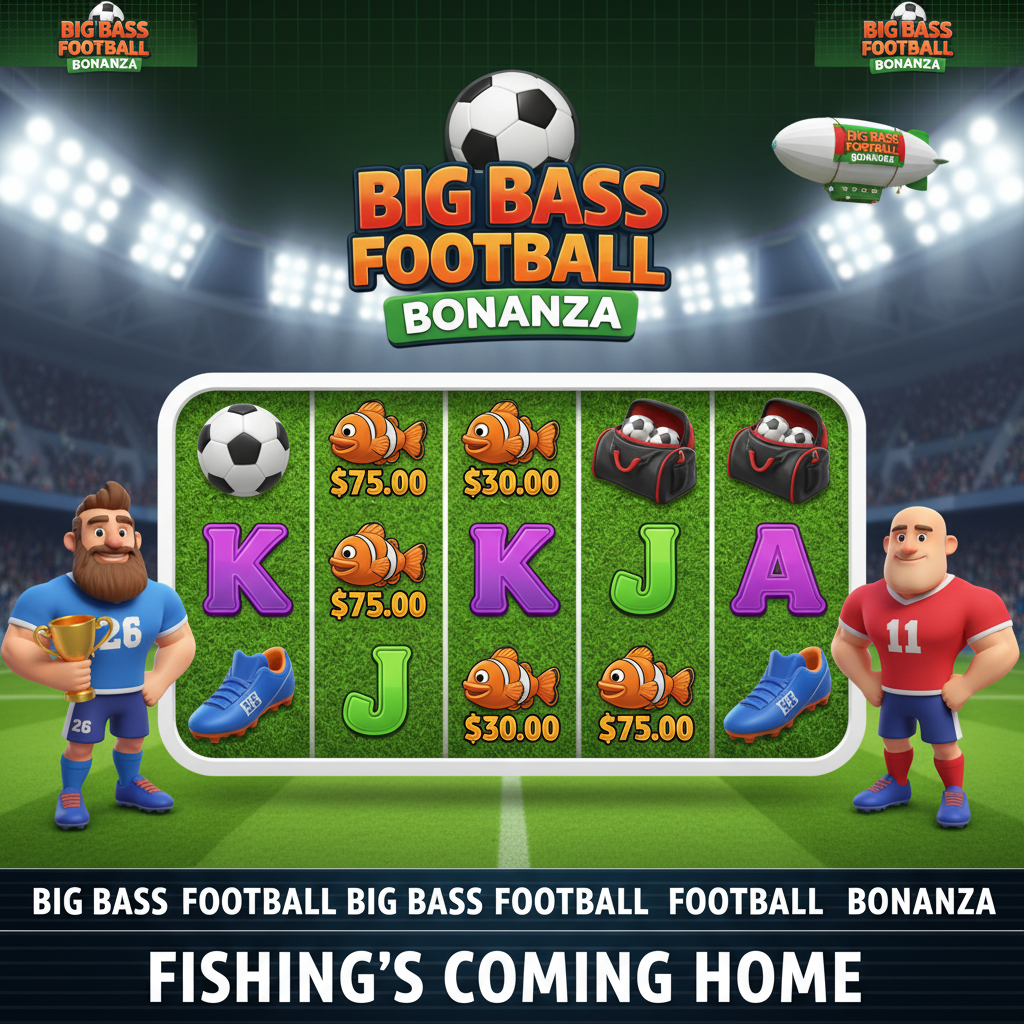 Big Bass Football Bonanza slot game showing football stadium pitch with 5x3 reel grid, cartoon football players in blue and red jerseys, money fish symbols, and sports equipment symbols including football, boots, and whistle