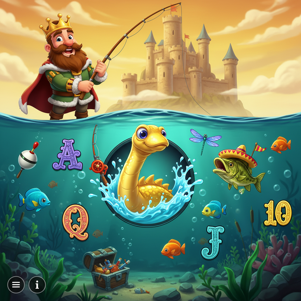 Big Bass and the Gold Ness Monster slot game featuring cartoon king fisherman with fishing rod, golden Loch Ness Monster emerging from water, medieval stone castle, underwater Scottish loch scene with treasure chest and dragonfly symbols