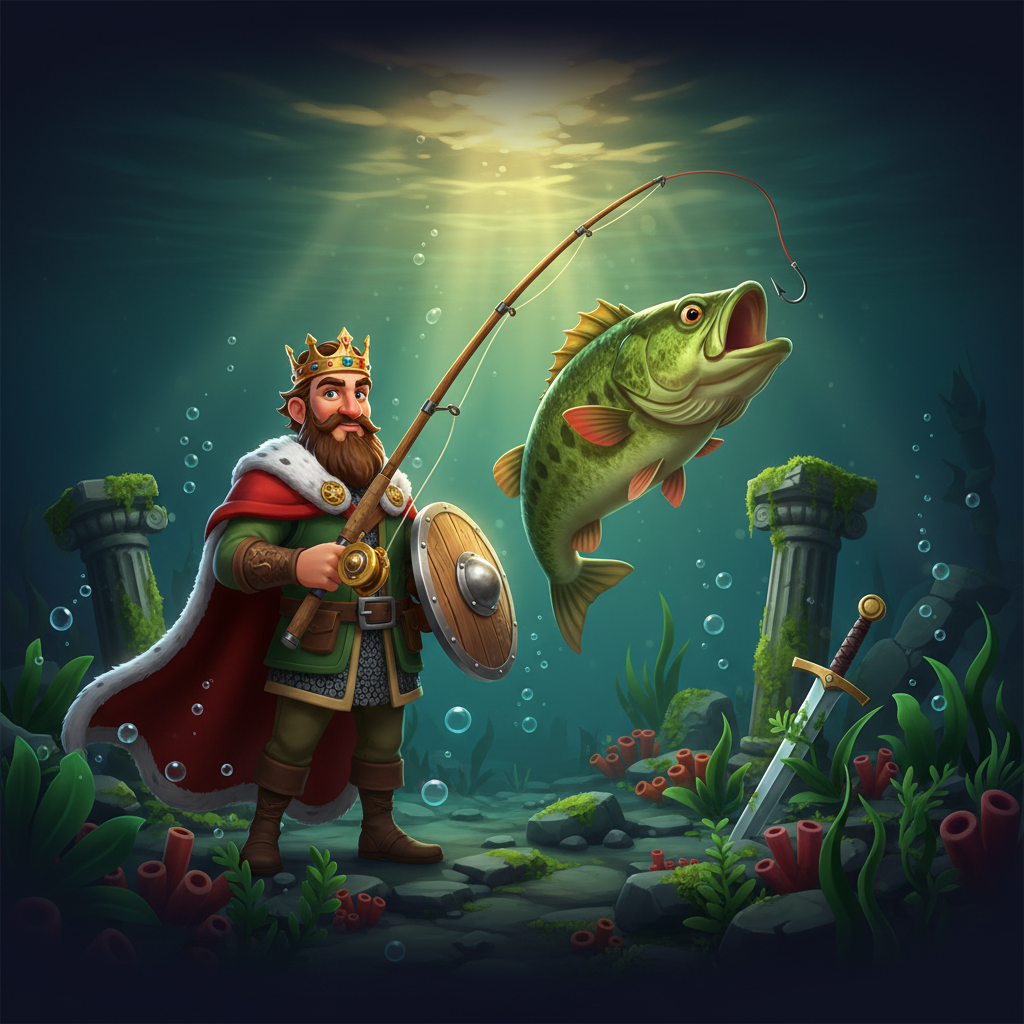 Big Bass Secrets of the Golden Lake slot showing bearded fisherman king with golden crown holding fishing rod in underwater scene with ancient ruins, green bass fish, and medieval sword embedded in lake floor