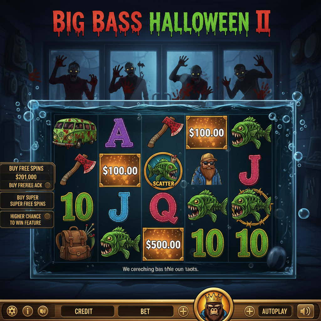 Big Bass Halloween III slot game featuring zombie fishermen, bloody handprints on glass, undead fish money symbols, and horror-themed fishing reels in dark bait shop setting