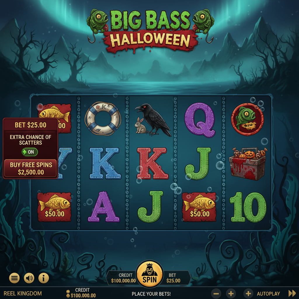 Big Bass Halloween slot game showing zombie bass fish, sinister fisherman character, spooky underwater reels with 5x3 grid, Halloween themed symbols including life ring, fishing hook, crow, tackle box, and stitched playing cards