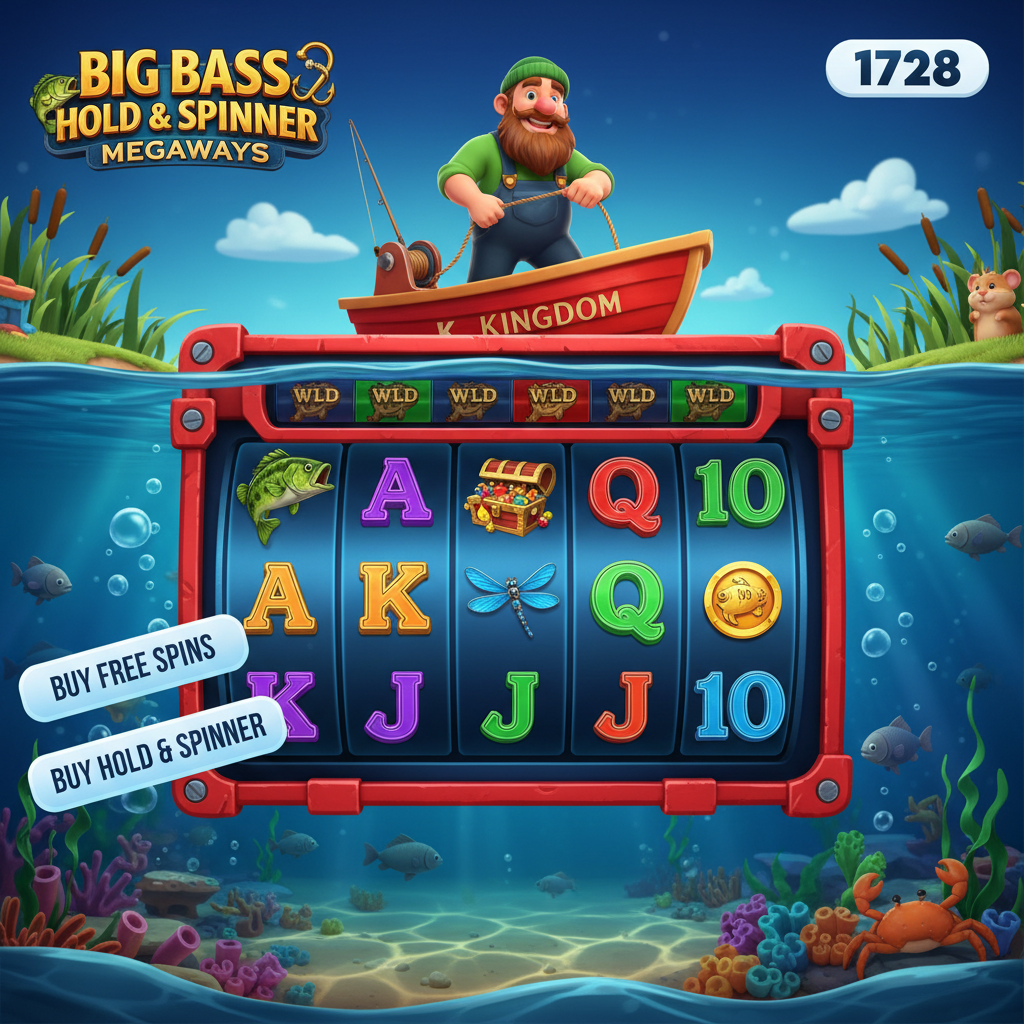 Big Bass Hold & Spinner Megaways underwater fishing theme featuring bearded fisherman in red RK boat with bass fish, green dragonfly symbols and scatter medallions on blue Megaways reels