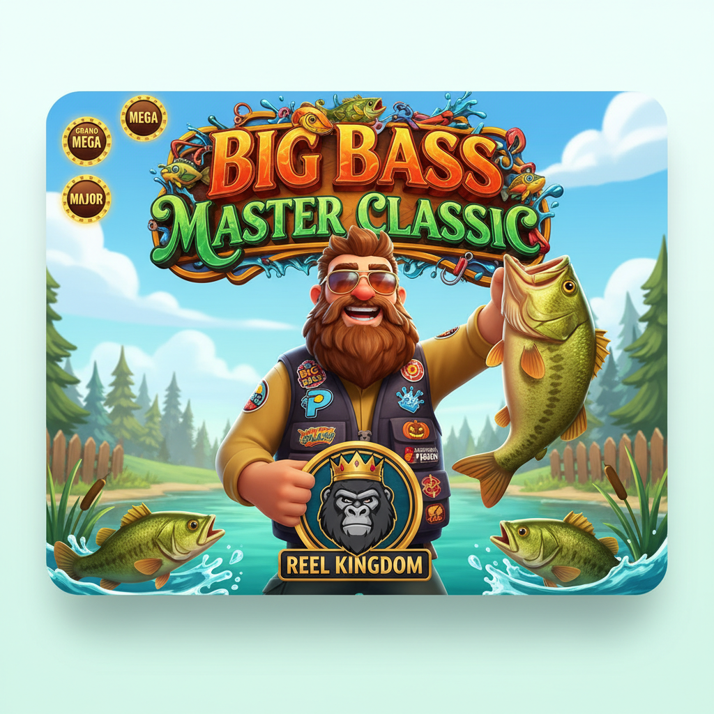 Big Bass Master Classic slot game featuring animated fisherman character holding trophy bass fish with underwater fishing lake theme and progressive jackpot badges