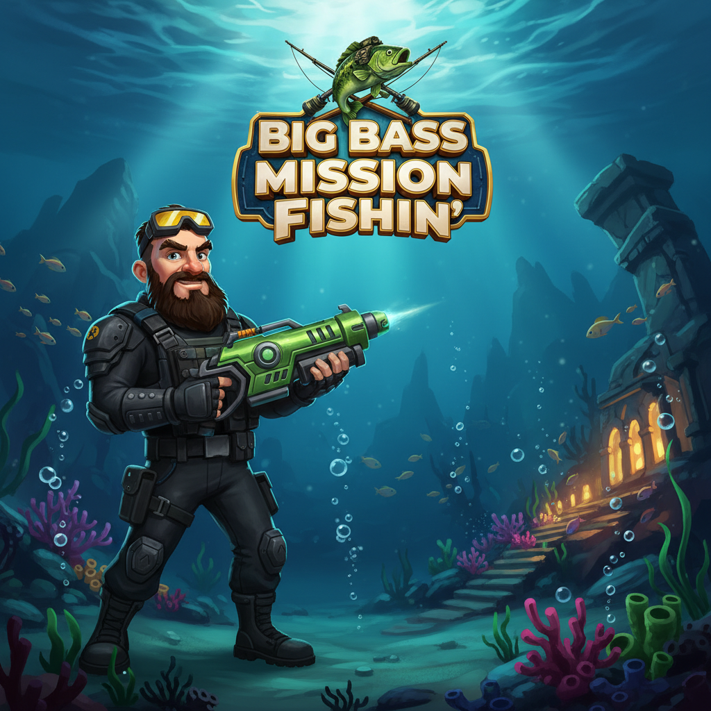 Big Bass Mission Fishin' slot featuring tactical fisherman with goggles, underwater ocean backdrop with coral, green bass fish leaping above golden logo, military-style fishing gear and high-tech speargun