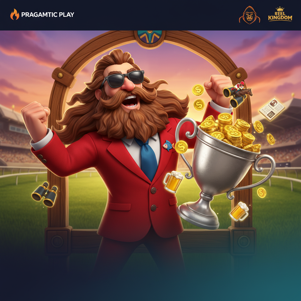 Big Bass Raceday Repeat slot game showing bearded character in red suit with sunglasses, horse racing track with sunset sky, jockey symbols, and championship trophy