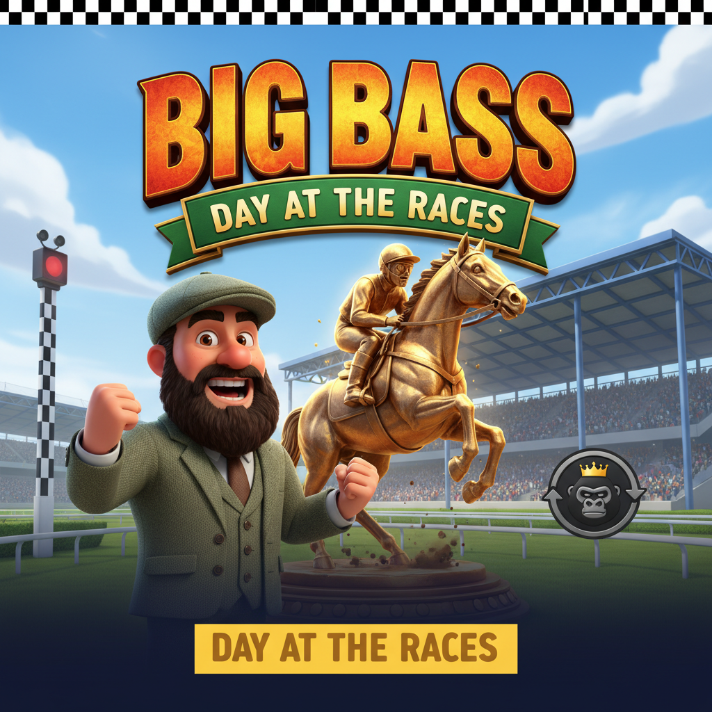Big Bass Day at the Races slot featuring bearded fisherman punter character, golden rearing horse trophy statue, and racetrack grandstand theme with betting elements