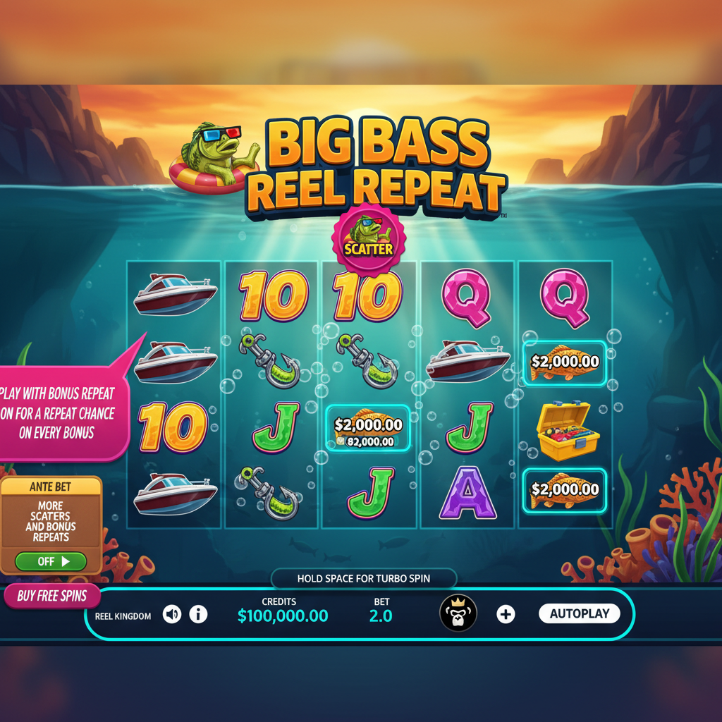 Big Bass Reel Repeat slot showing underwater fishing theme with turquoise water, bass fish character wearing 3D glasses, fisherman holding rod, orange money symbols and scatter badges on 5x3 reels