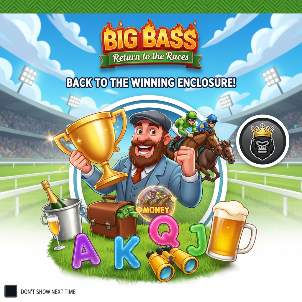 Big Bass Return to the Races slot game showing horse racing track with jockey characters, golden trophy, champagne celebration symbols, and bearded tipster character against bright green racing track and blue sky stadium background