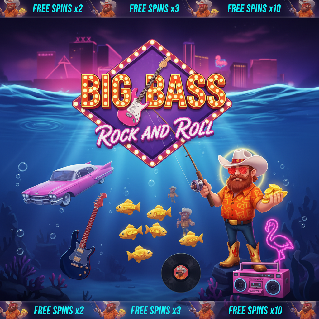 Big Bass Rock and Roll slot game featuring fisherman with cowboy hat and sunglasses, pink Cadillac, flamingo, vinyl records and Las Vegas skyline reflected in water