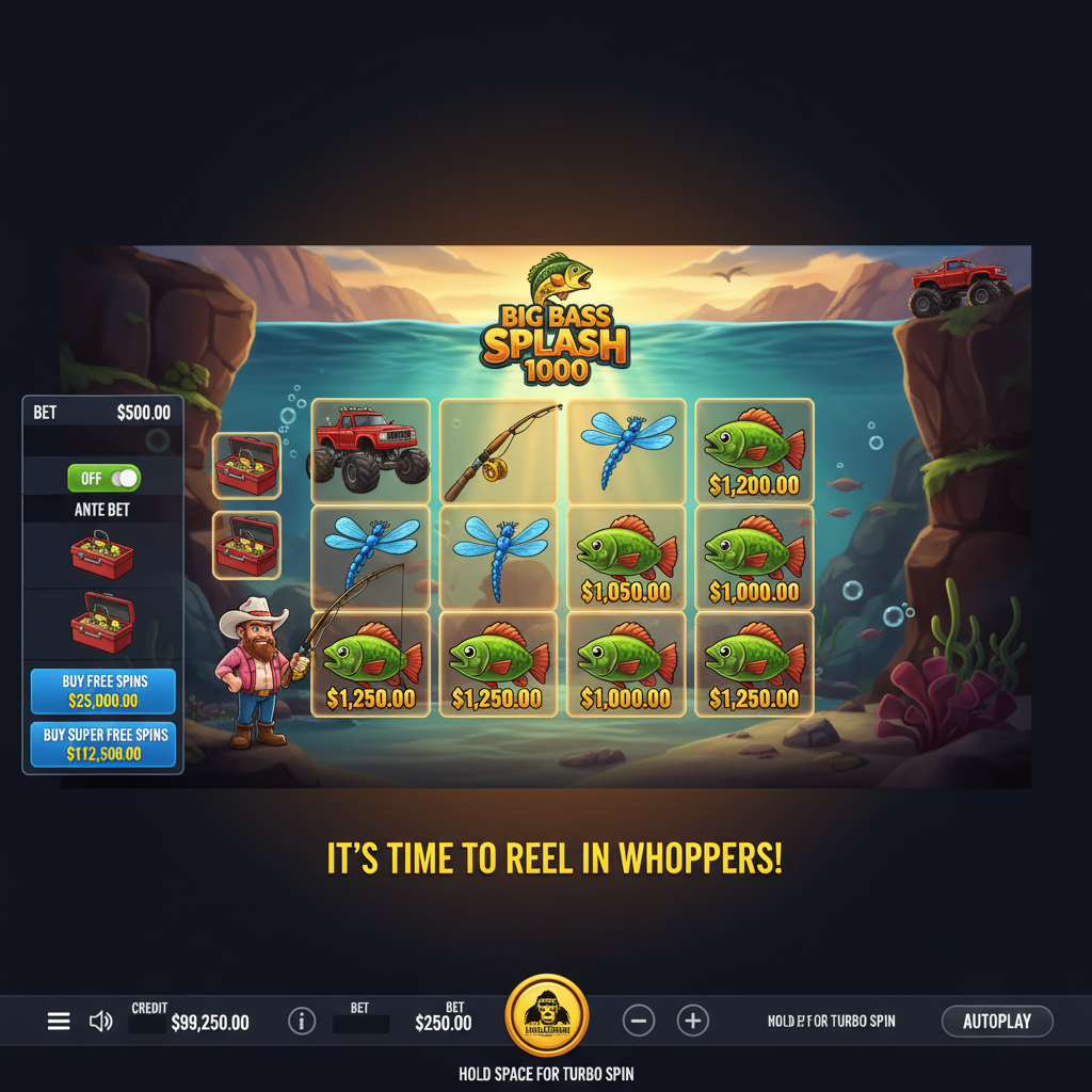 Big Bass Splash 1000 slot game showing underwater fishing scene with canyon backdrop, fisherman character, monster truck, golden fish symbols and 5x3 reel grid with money values