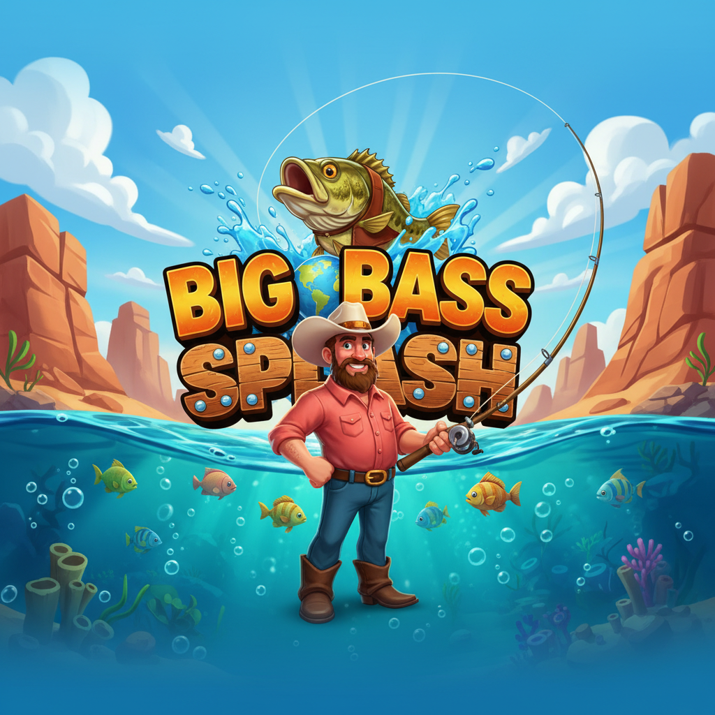 Big Bass Splash slot showing friendly fisherman character in pink shirt and cowboy hat holding fishing rod against desert canyon and underwater scene with bass fish logo