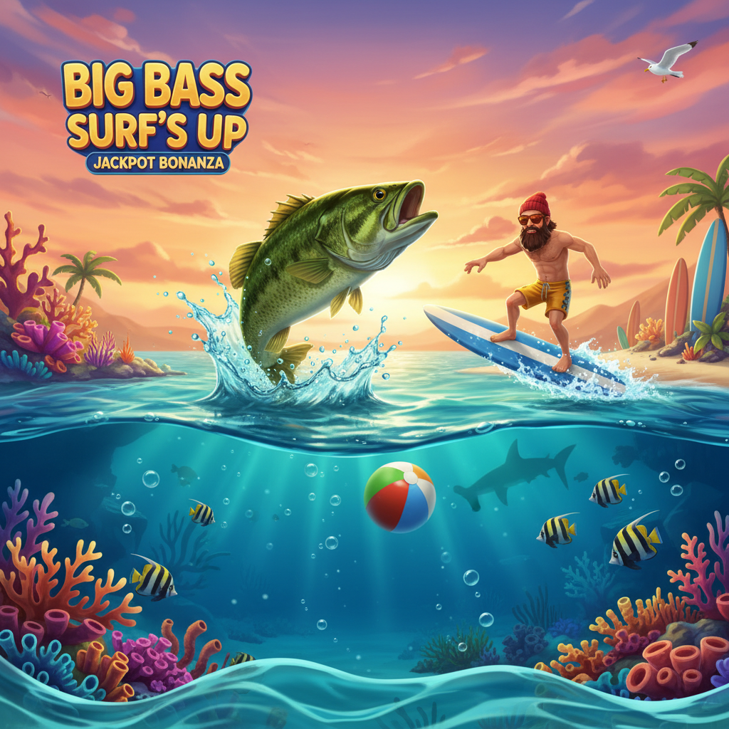 Big Bass Surf's Up slot game featuring underwater ocean scene with sunset sky, green bass fish leaping, surfer character with red beanie, tropical surfboards and beach ball symbols