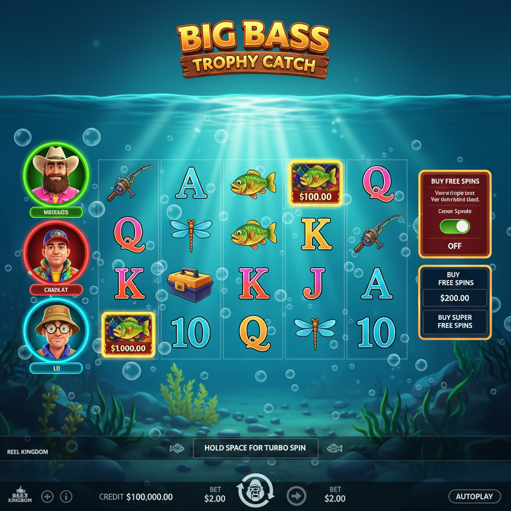 Big Bass Trophy Catch slot game showing underwater turquoise waters, 5x3 reels with fishing floats, dragonflies, tackle box symbols, three fisherman collectors offering free spins, and golden money fish symbols