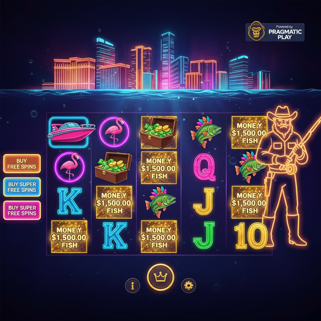 Big Bass Vegas Double Down Deluxe slot game showing neon-lit Las Vegas skyline above water, underwater reels with bass fish wearing feathered headdress, golden Money Fish symbols, and Western fisherman character in glowing orange neon outline