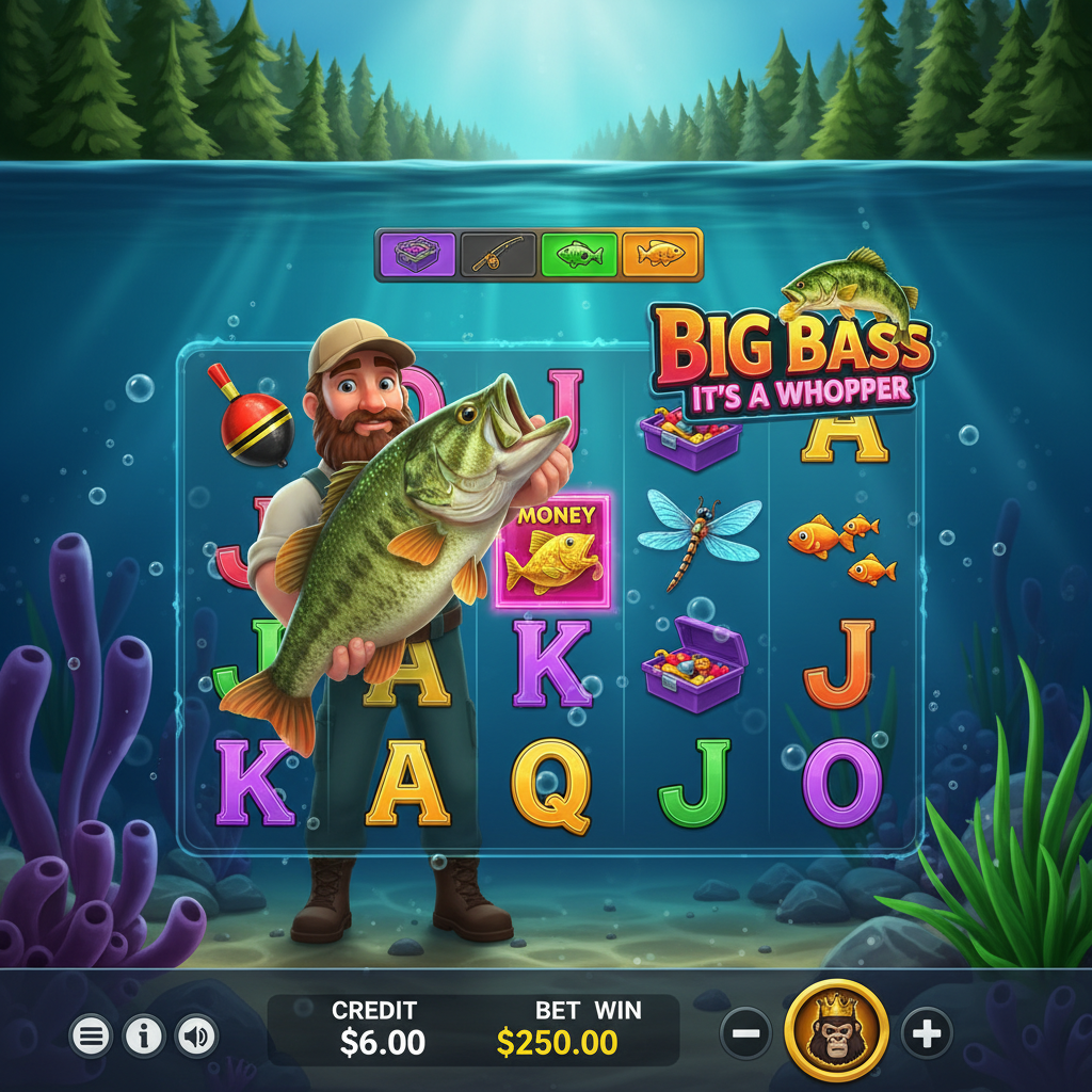 Big Bass It's a Whopper Jackpot Bonanza slot game featuring fisherman character holding large bass fish, underwater lake scene with 5x3 reel grid, progressive jackpots and fishing themed symbols