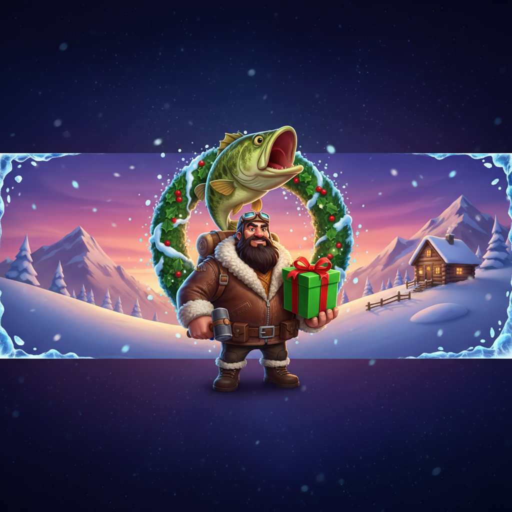 Big Bass Xmas Xtreme slot game featuring rugged fisherman with Christmas gifts, snowy mountain backdrop, and festive holiday fishing theme by Pragmatic Play