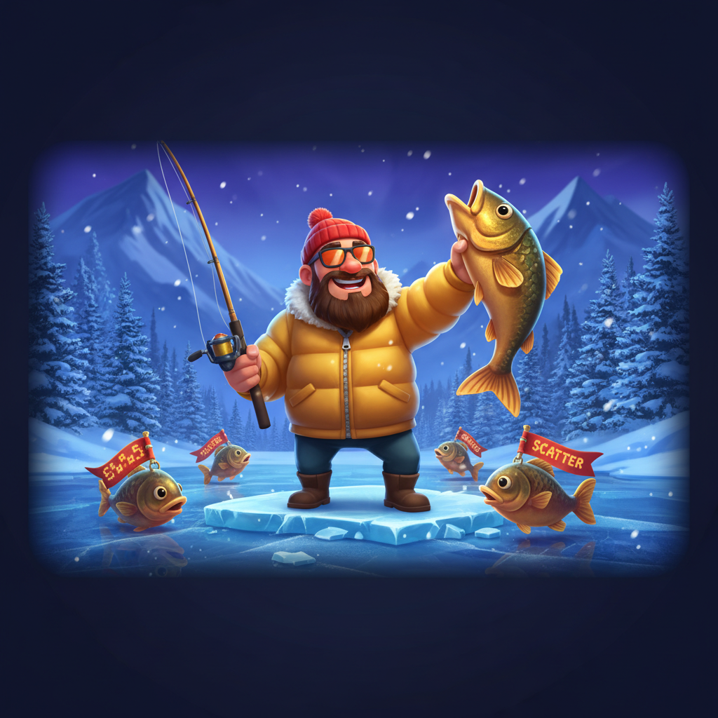 Bigger Bass Blizzard Christmas Catch slot game featuring cartoon bearded fisherman in yellow jacket and red beanie on frozen lake with fishing gear, money fish symbols, and snowy pine forest background