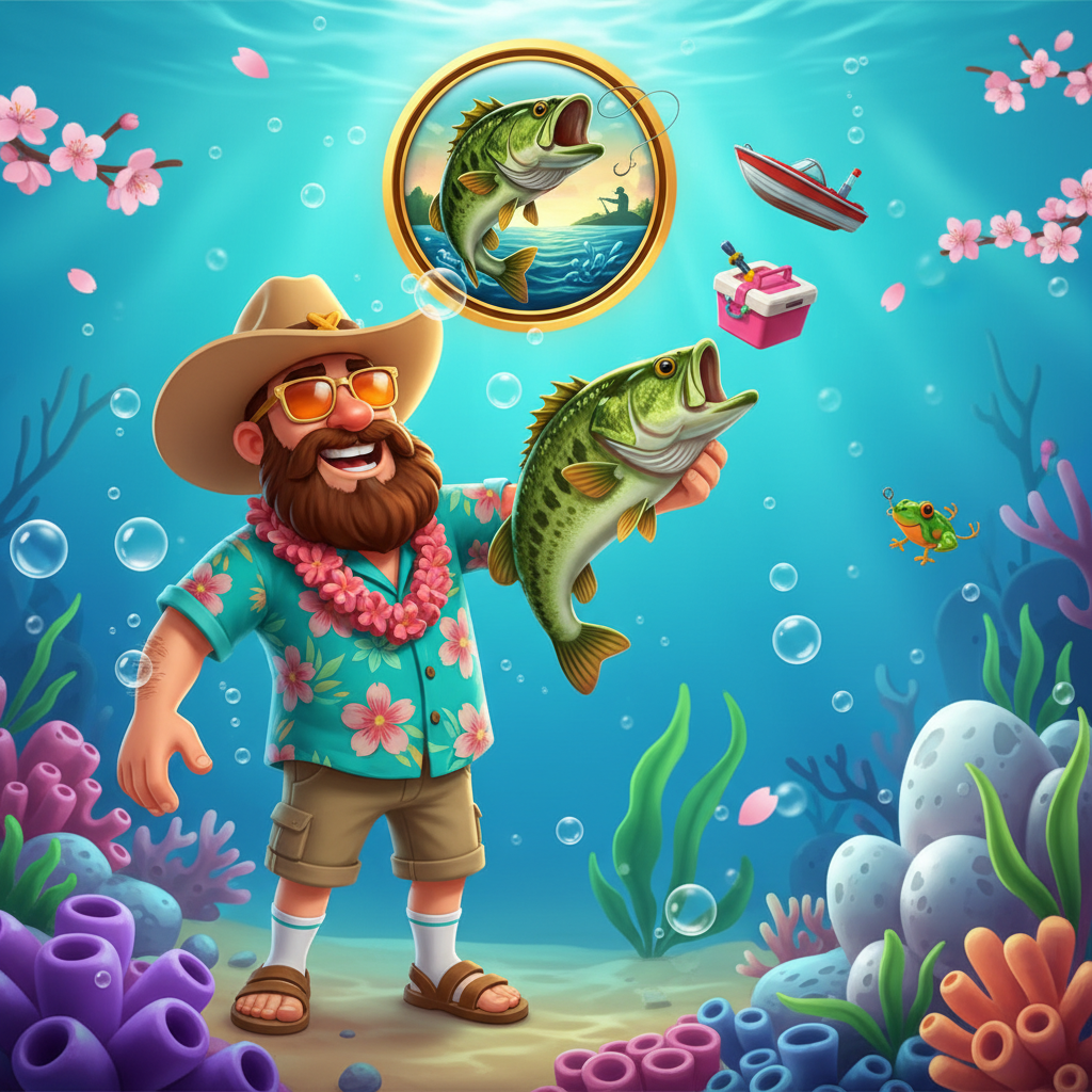 Bigger Bass Splash slot featuring cartoon fisherman with Hawaiian shirt and sunglasses holding green bass fish, tropical underwater theme with coral and seaweed