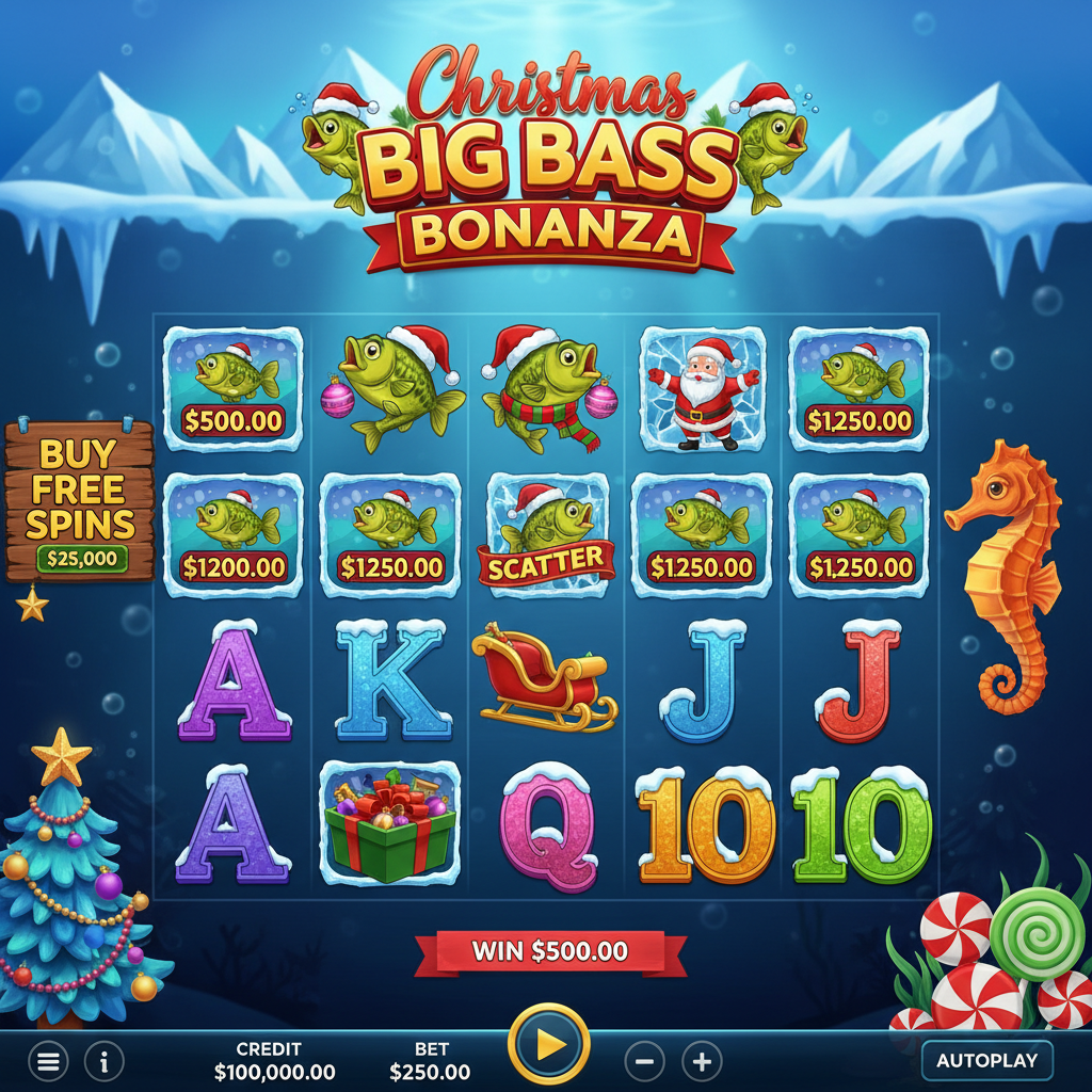Christmas Big Bass Bonanza slot featuring Santa fisherman wild symbol, festive bass with scatter banner, underwater Christmas tree decorations, and icy frosted letter symbols on 5x3 reel grid