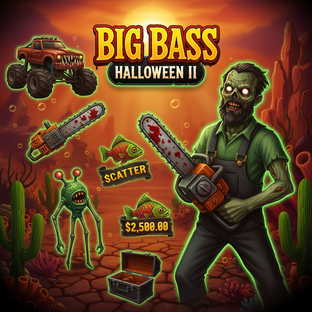 Big Bass Halloween 2 slot featuring zombie fisherman with chainsaw, monster truck, horror fish symbols in murky underwater Halloween environment